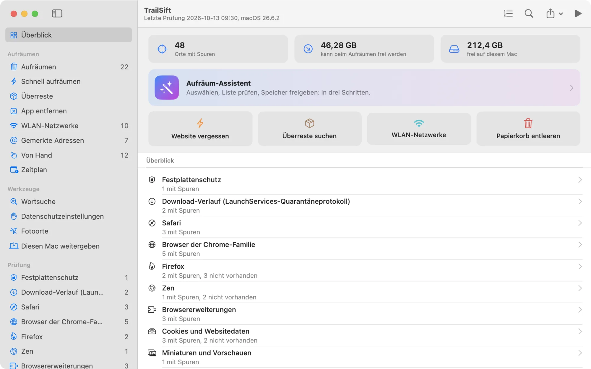 Der Überblick in TrailSift: 48 Stellen mit Spuren, 46 GB, die Aufräumen freigeben könnte, der Aufräum-Assistent und Kurzbefehle, darunter die Liste von allem, was die Prüfung untersucht hat