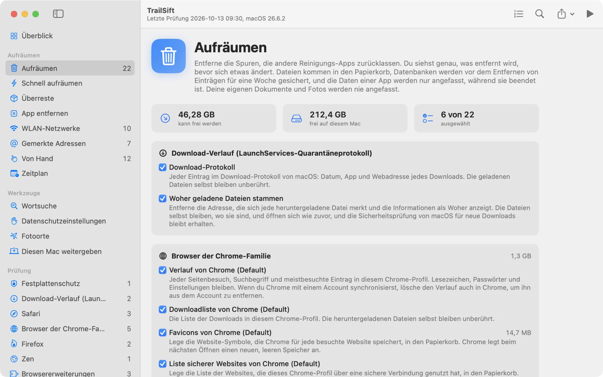 Die Seite „Aufräumen“ in TrailSift