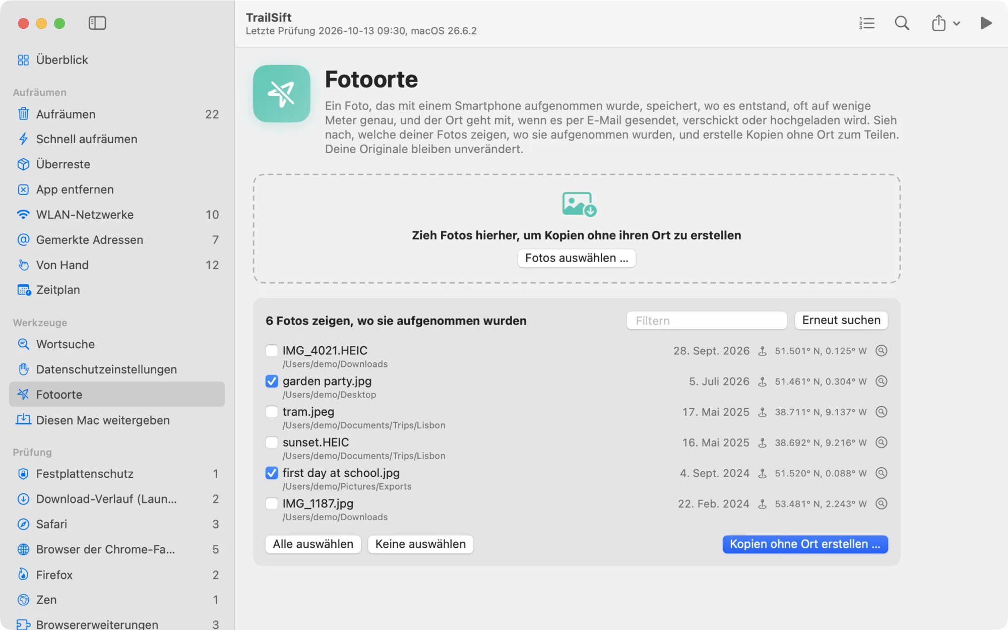 Die Seite „Fotoorte“ in TrailSift