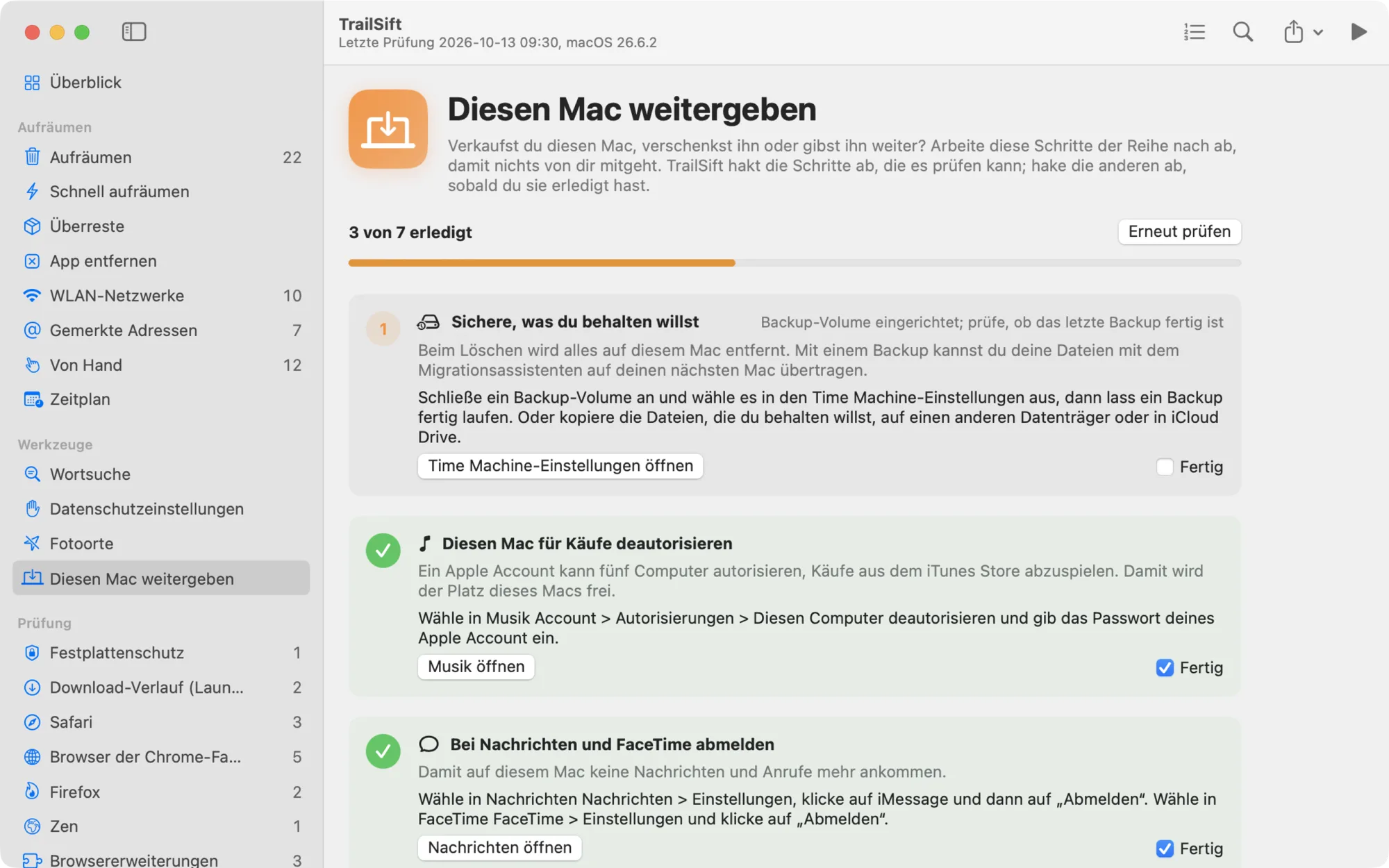 Die Seite „Diesen Mac weitergeben“ in TrailSift