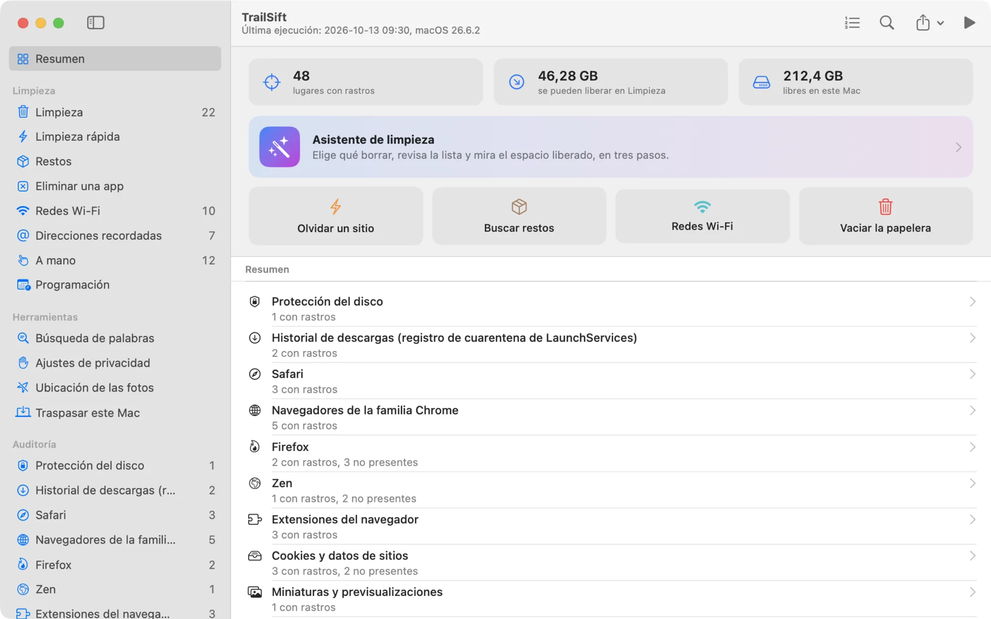El resumen de TrailSift: 48 lugares con rastros, 46 GB que la limpieza podría liberar, el Asistente de limpieza y accesos rápidos, sobre la lista de todo lo que ha revisado la auditoría