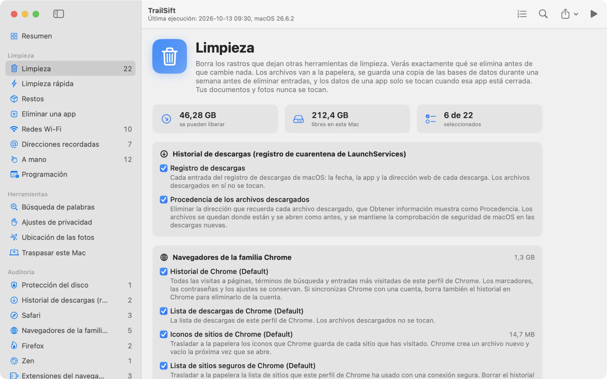 La página Limpieza de TrailSift