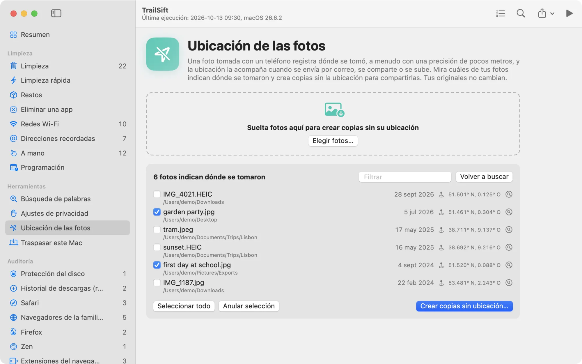 La página Ubicación de las fotos de TrailSift