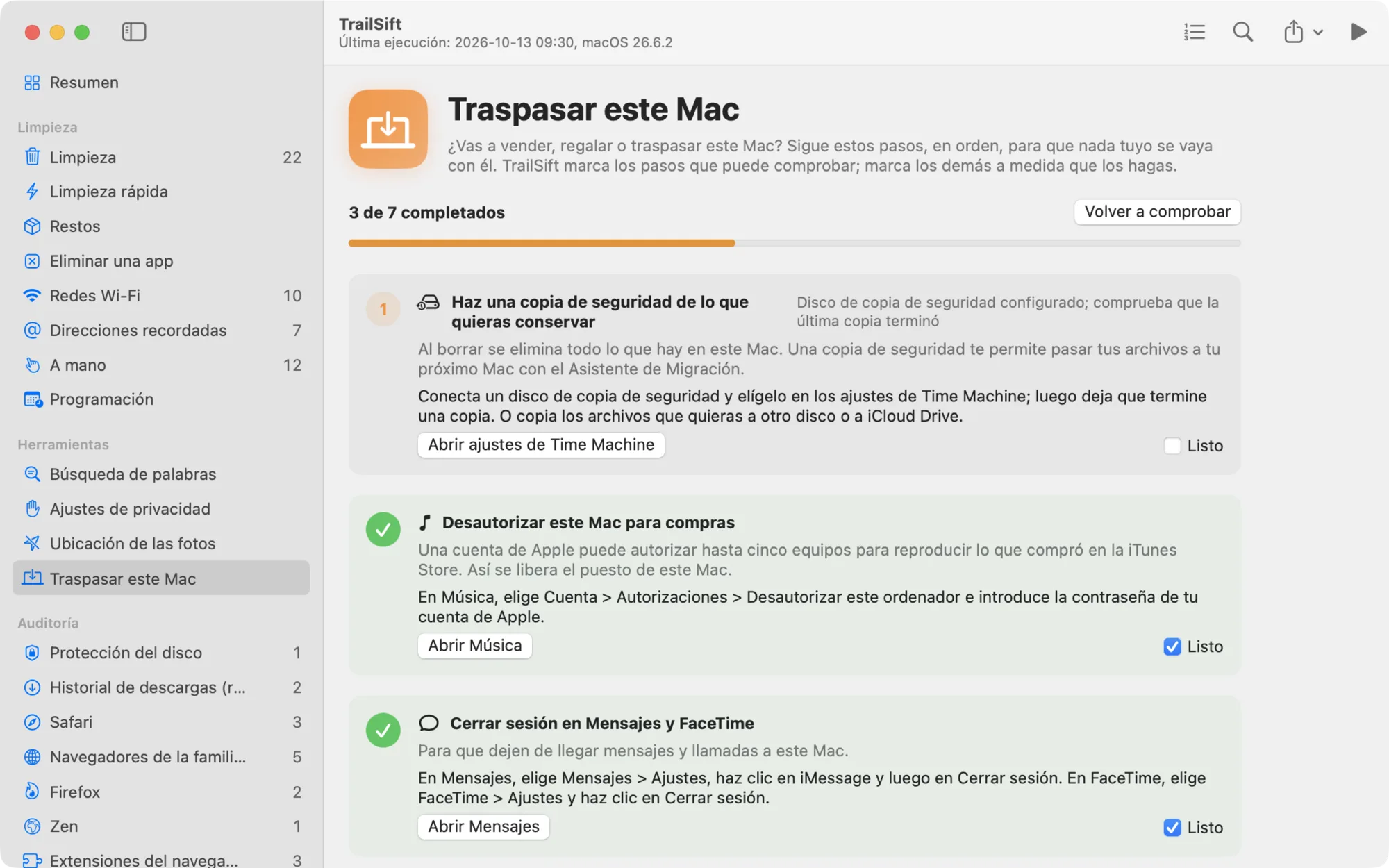 La página Traspasar este Mac de TrailSift