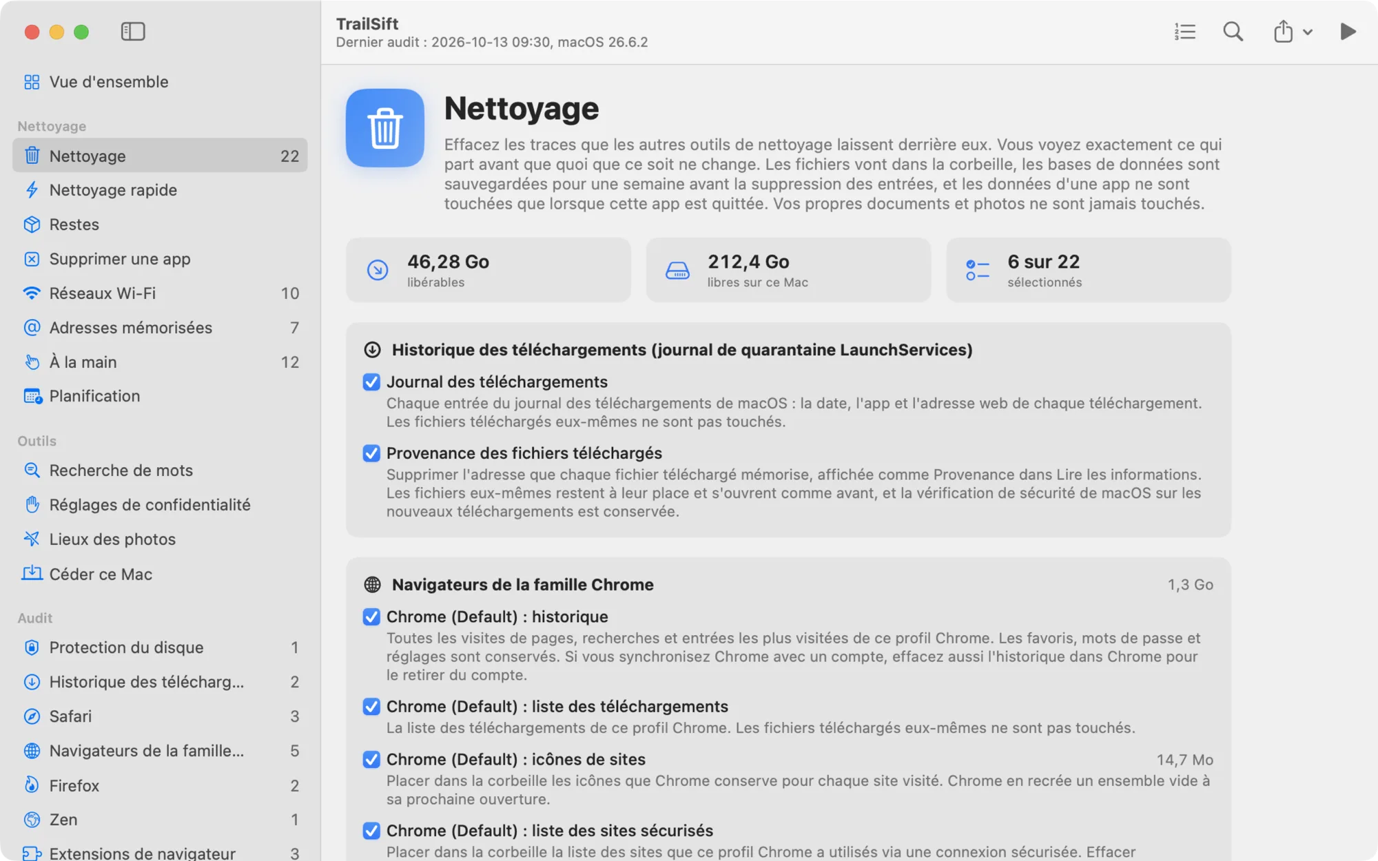 La page Nettoyage de TrailSift