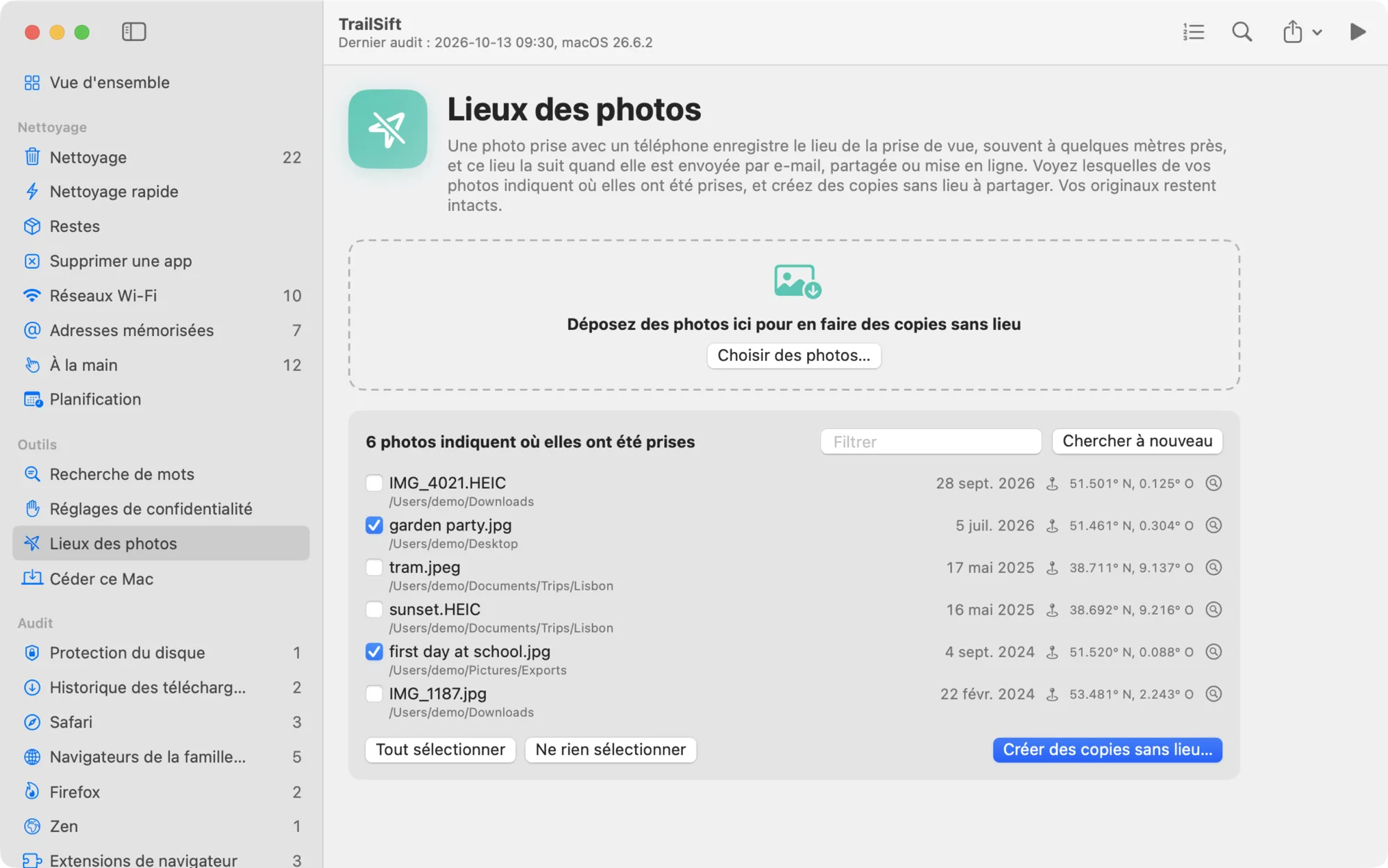 La page Lieux des photos de TrailSift