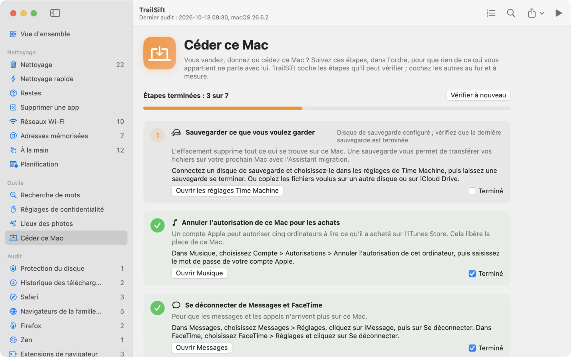 La page Céder ce Mac de TrailSift