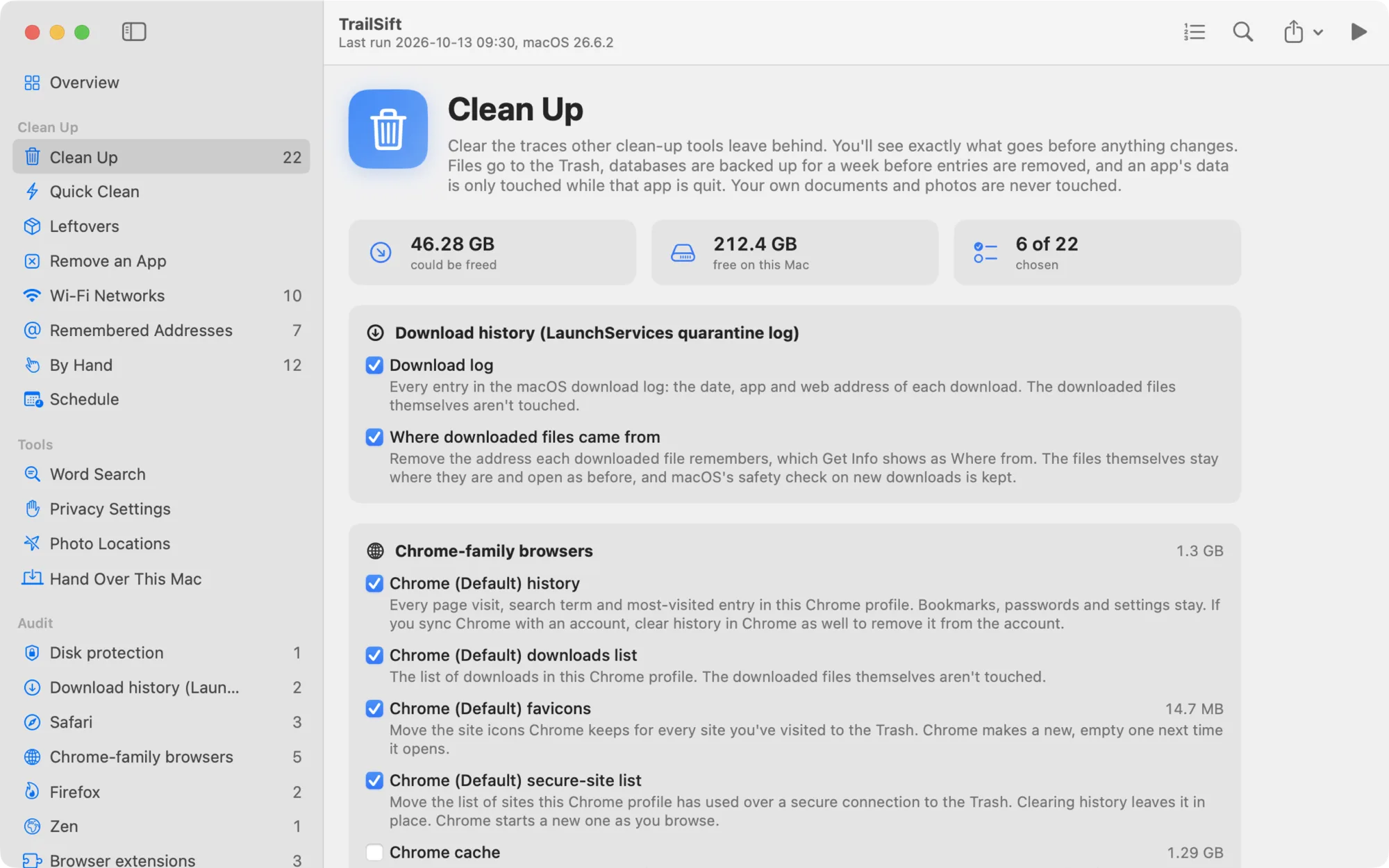 TrailSift's Clean Up page, with demo data