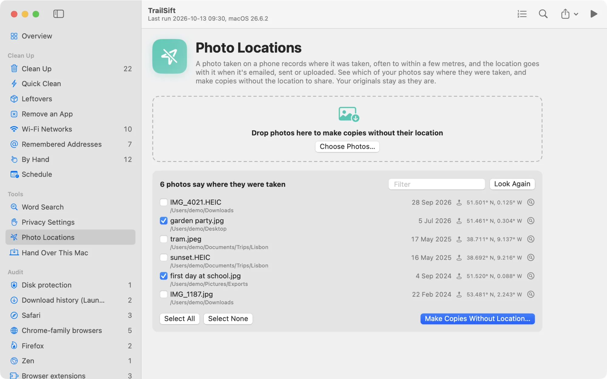 TrailSift's Photo Locations page, with demo data