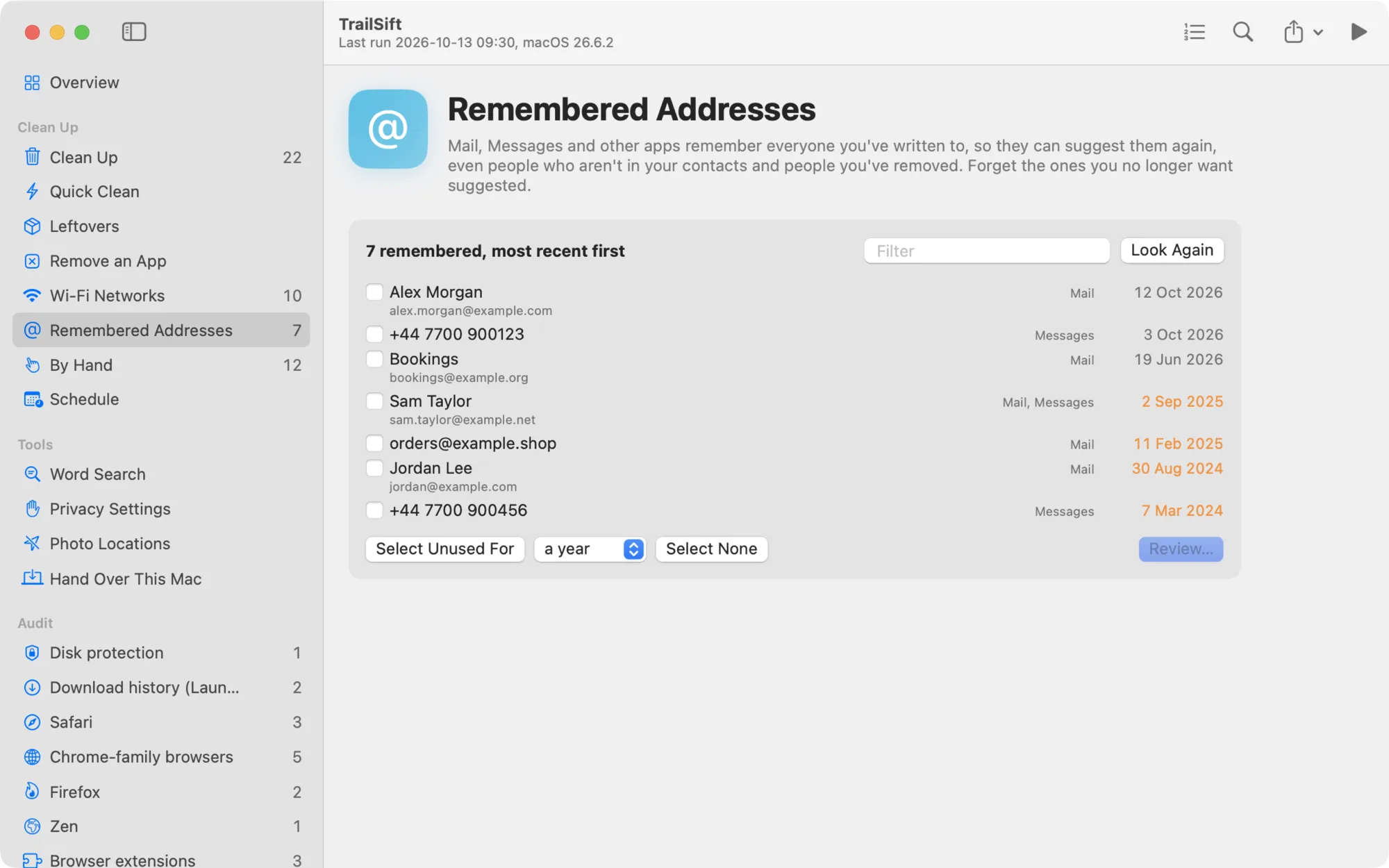 TrailSift's Remembered Addresses page, with demo data
