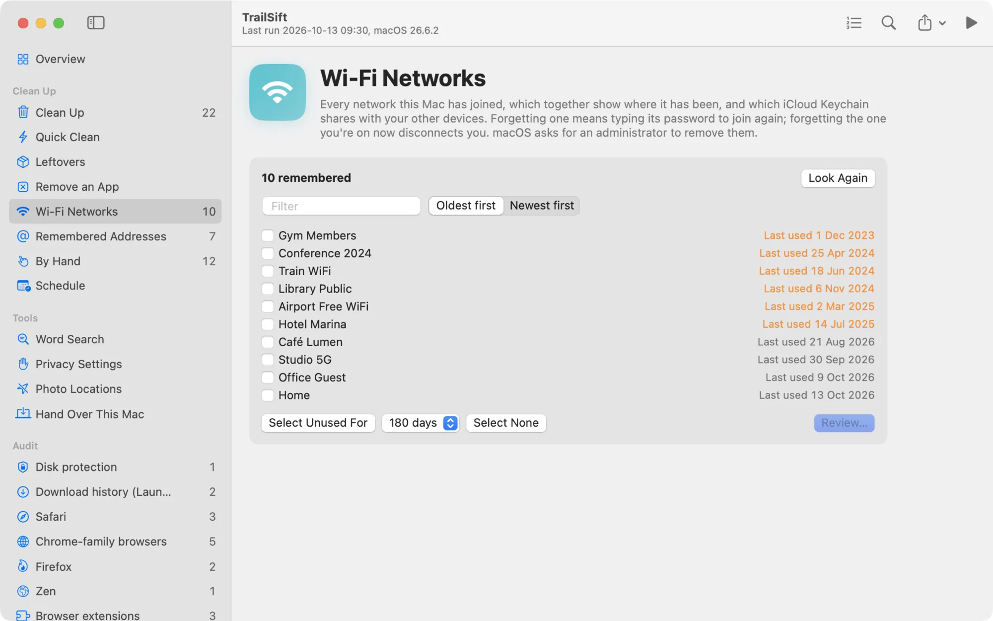 TrailSift's Wi-Fi Networks page, with demo data
