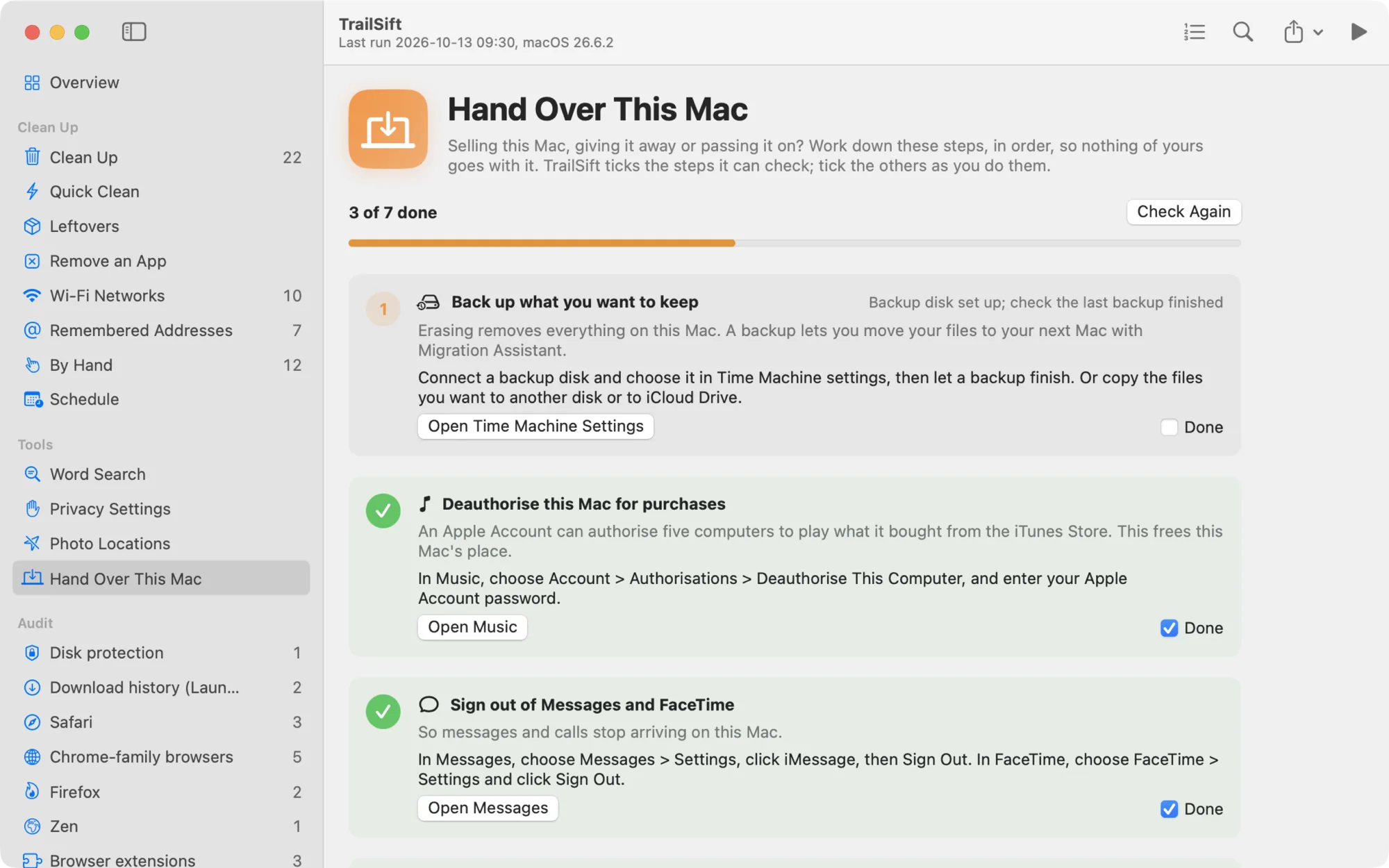 TrailSift's Hand Over This Mac page, with demo data
